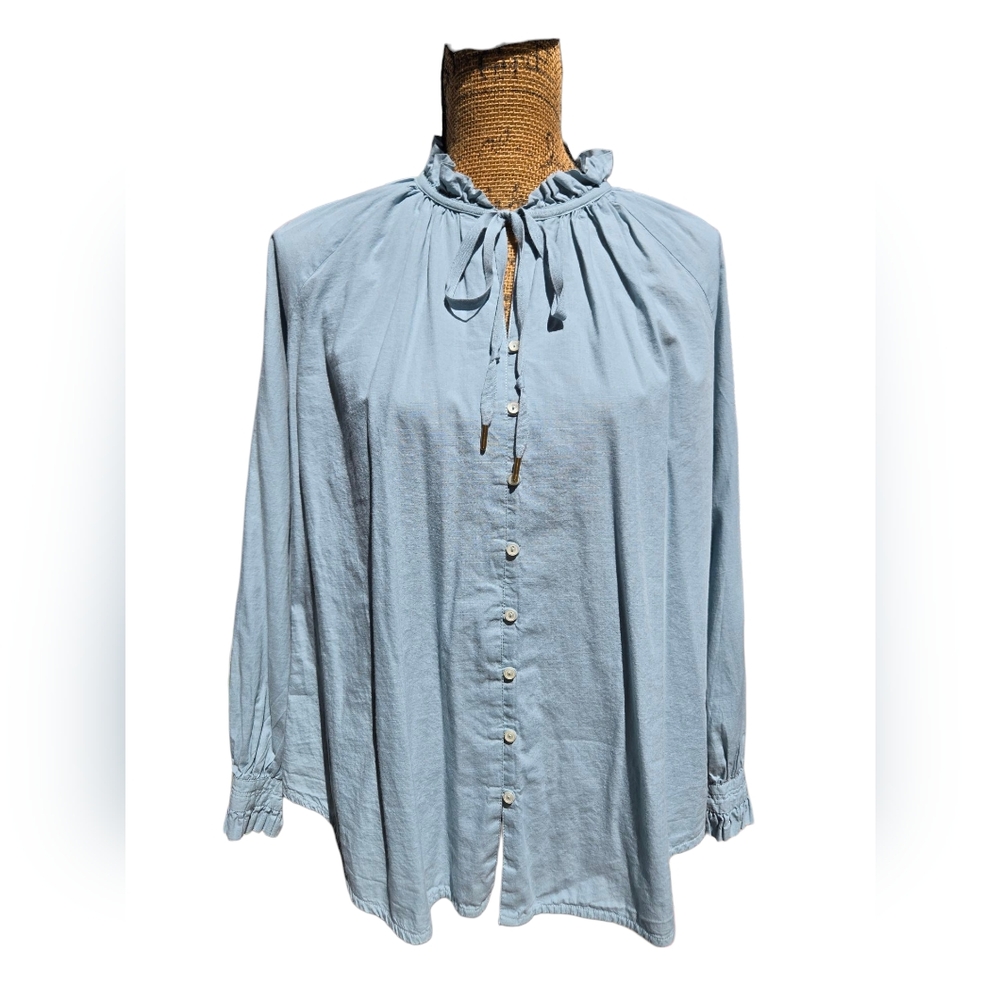Noa Noa Blue Mandarin Collar Ruffled Cuffed Long Sleeve Cotton Blouse Sz 42